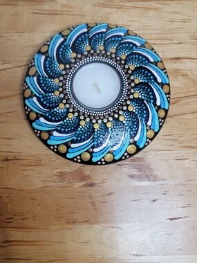 Source Unknown Black Teal White and Gold Dot Mandala Tea Light Holder